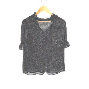 Pleione Black Sheer Blouse‎ Top Ruffle Smocked Neck Flutter Sleeve S